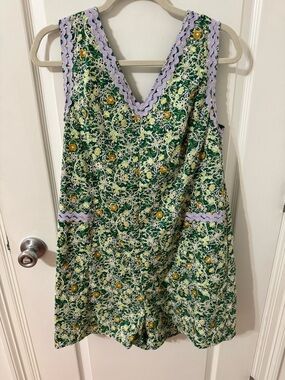 Just Me Green Floral Dress with Lavender Trim